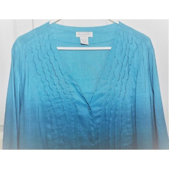 Deane & White Woman 1X blue 3/4 sleeve collarless V-neck gauzy tunic - Picture 4 of 4